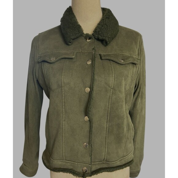 Joujou Grunge Shearling Corduroy Snap Button Pocket Olive Green Bomber Jacket - Picture 1 of 11